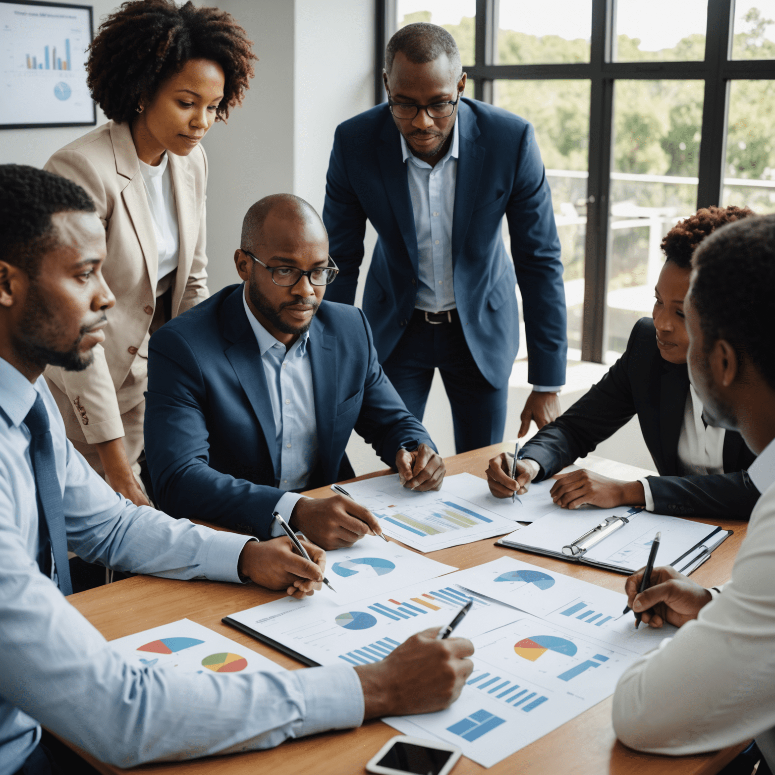 A group of business professionals gathered around a conference table, engaged in strategic planning discussions. Charts, graphs, and documents are spread out on the table as they collaborate to develop a comprehensive plan for their organization's future growth and success in the South African market.