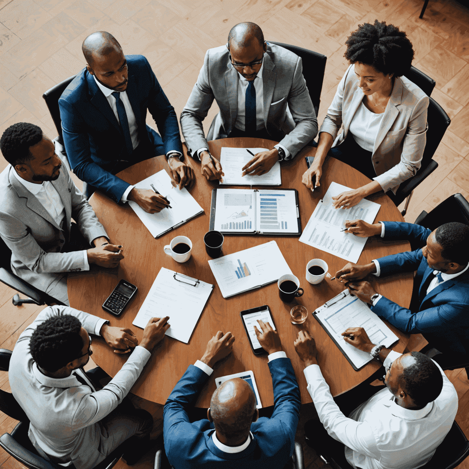 A group of business professionals gathered around a table, discussing strategic plans and goals for their company's future growth and success in South Africa.