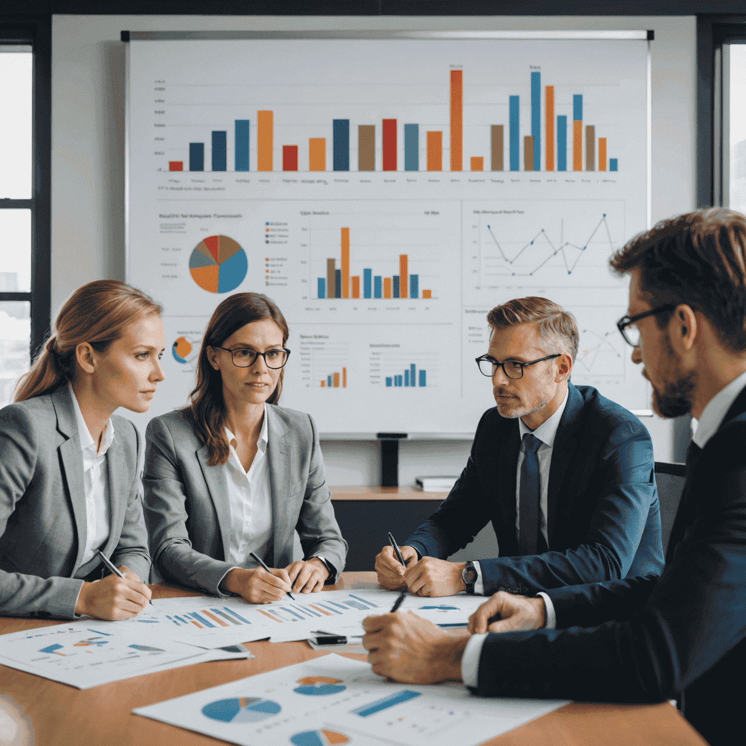 A team of business professionals discussing a strategic plan around a conference table, with charts and graphs on a whiteboard in the background