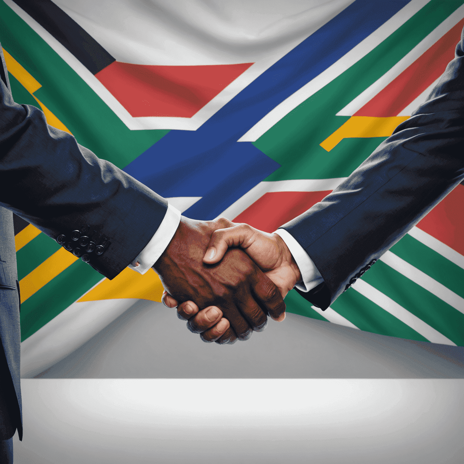 Businessmen shaking hands in front of South African flag