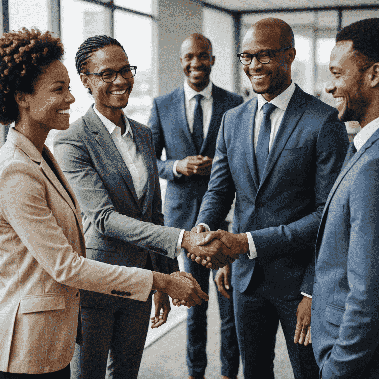 Diverse group of South African business professionals shaking hands and smiling in an office setting, representing strong partnerships and collaboration