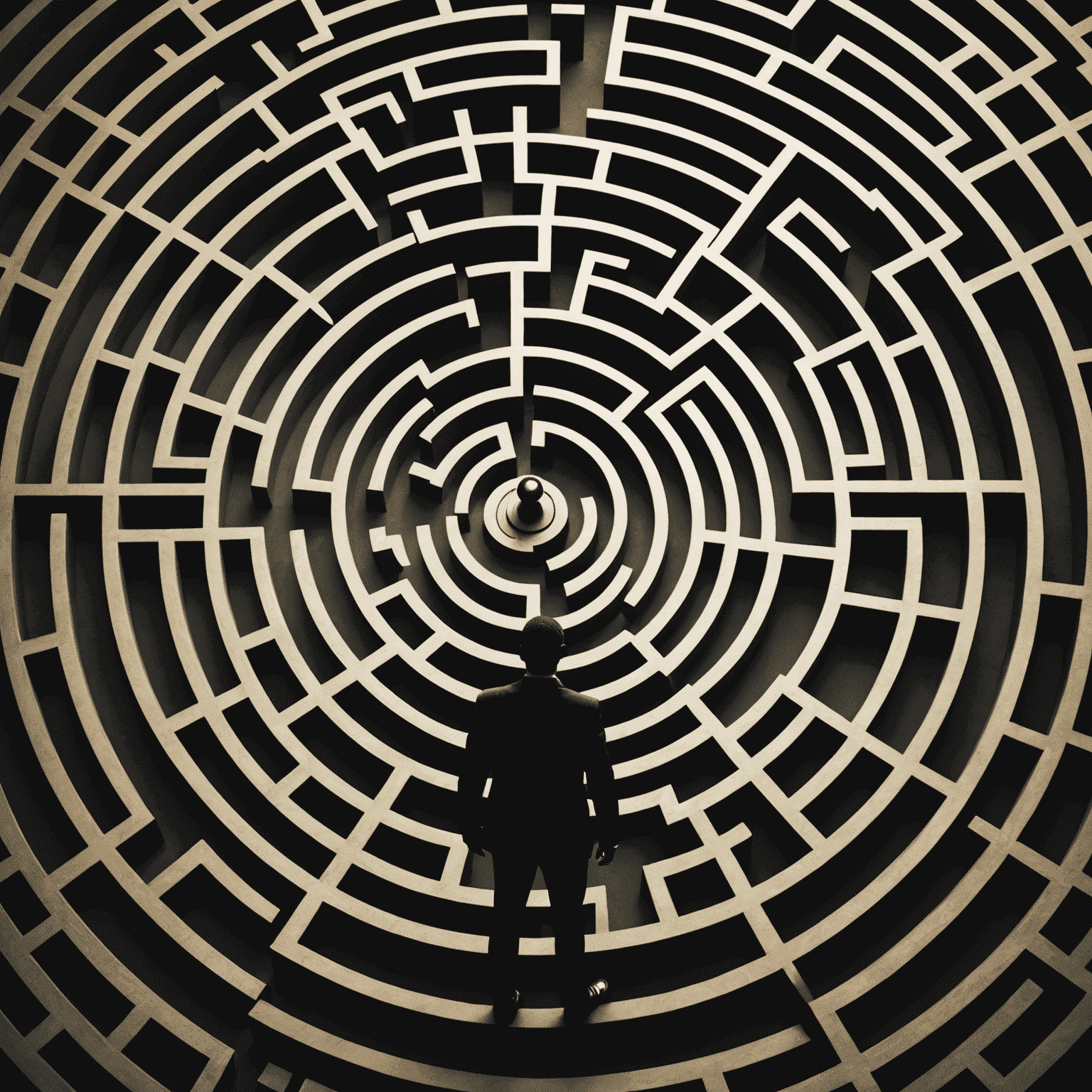 A silhouette of a businessperson navigating a complex maze, symbolizing the challenges faced by businesses operating in the South African market. The maze is filled with obstacles such as regulatory hurdles, economic instability, and cultural differences that the businessperson must overcome to reach their goals.