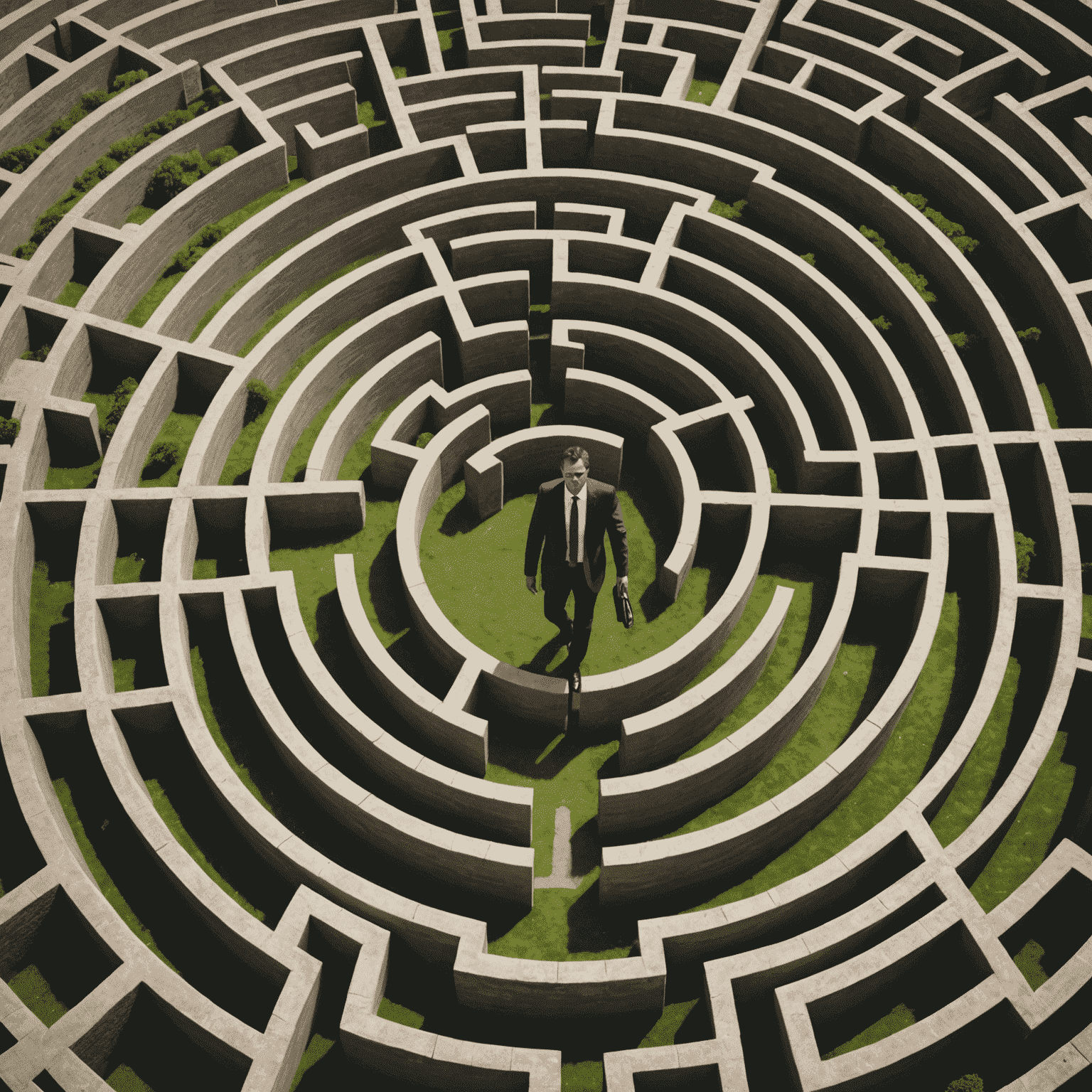 A businessman navigating through a maze, symbolizing the challenges and obstacles faced by companies operating in the South African market.