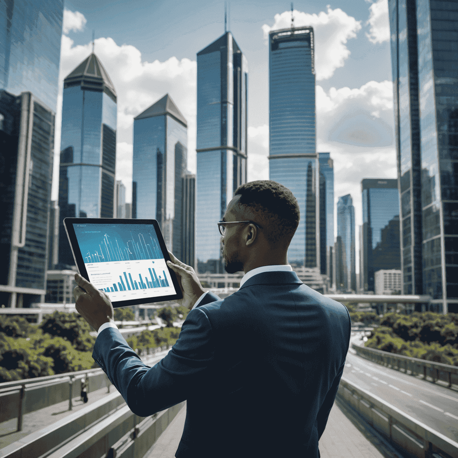 A futuristic cityscape with towering skyscrapers and advanced technology integrated into the infrastructure. In the foreground, a businessperson holds a tablet displaying financial data and graphs, representing how South African businesses can leverage technology to gain a competitive advantage in their industries.