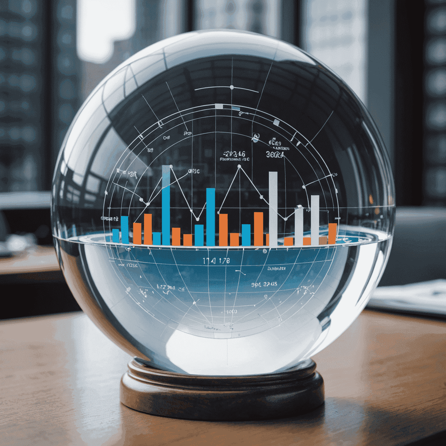 A crystal ball reflecting images of charts, graphs, and business professionals, representing the future trends and predictions for the consulting industry in South Africa.